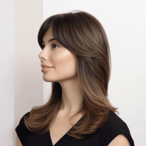 Classic Brunette Butterfly Cut with Side Bangs